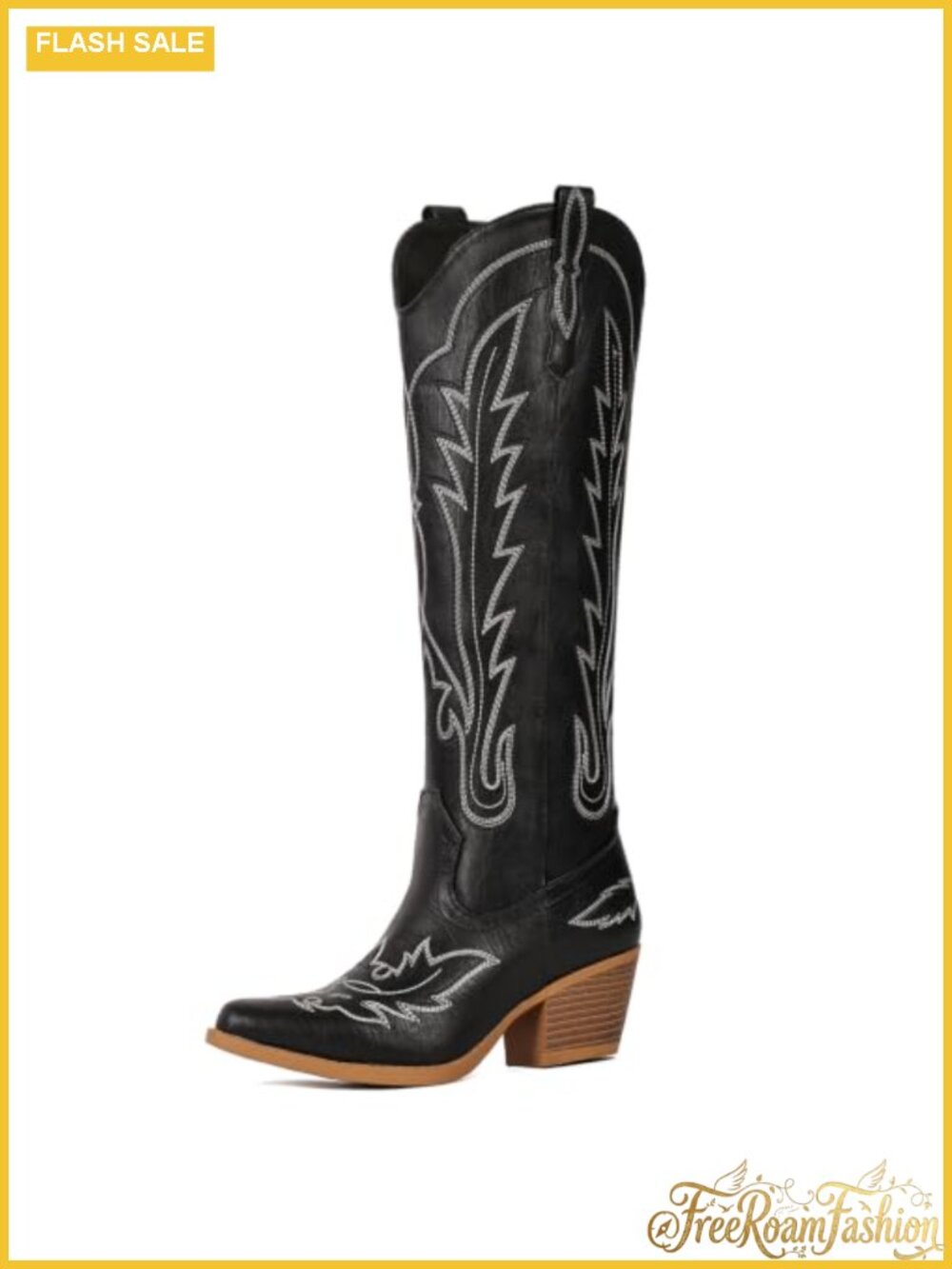 Knee High Cowboy Boots Faux Leather Snip Toe Pull On Western Boots